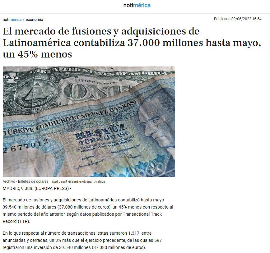 El mercado de fusiones y adquisiciones de Latinoamrica contabiliza 37.000 millones hasta mayo, un 45% menos